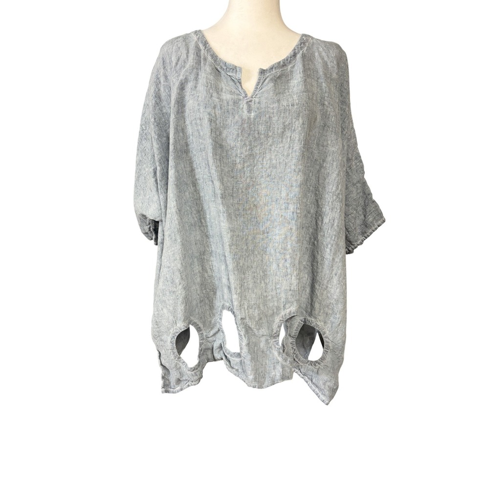 Cheyenne‎ Blouse Womens Gray Linen Tunic Short Sleeve Circle Cutout Hem Boho